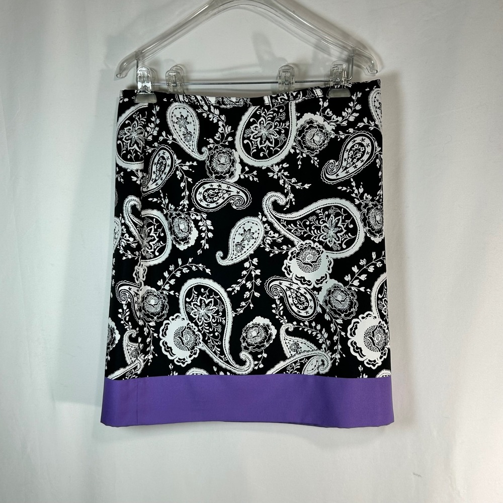 Ann Taylor LOFT Black White Paisley Print‎ Pencil Skirt Purple Trim Women